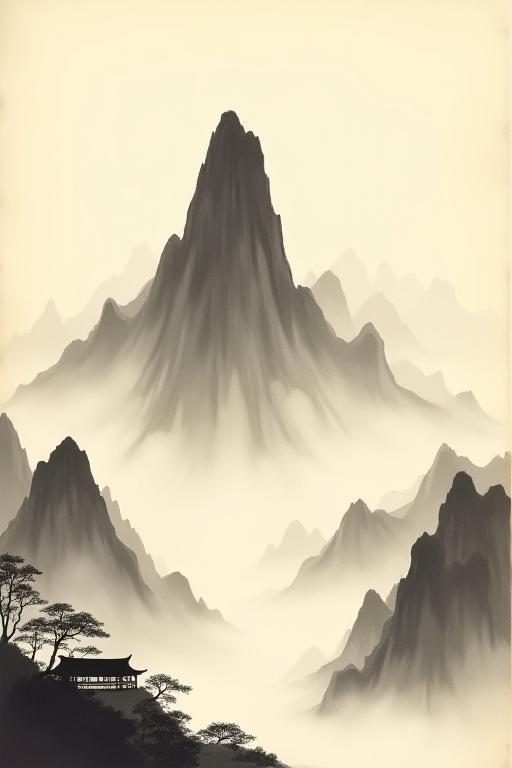 An ancient Japanese hanging scroll depicting a mountain landscape.